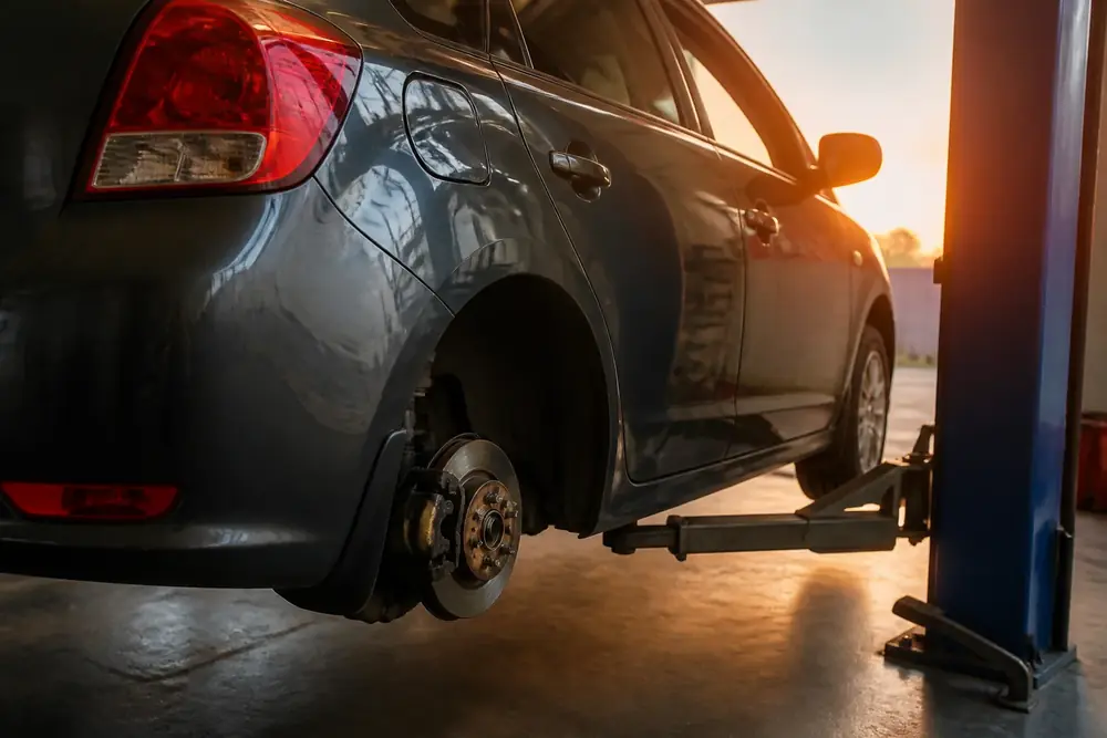 Vehículo levantado con el gato y la rueda desmontada