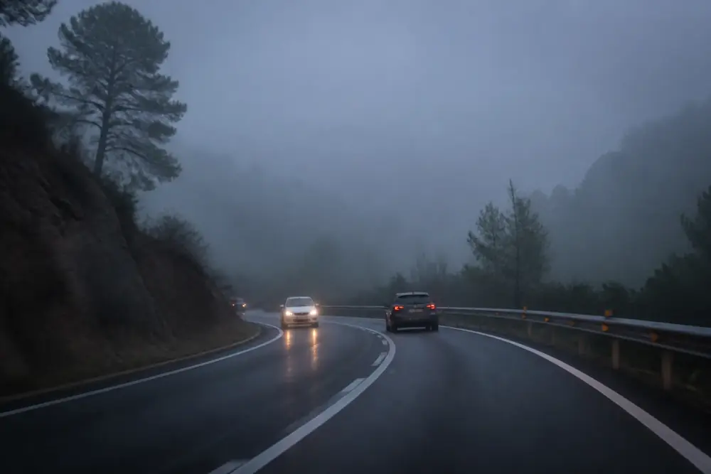 Conducción con niebla y luces encendidas en carretera de montaña
