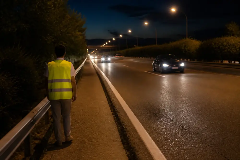 Peatón con chaleco reflectante de noche en el arcén de una vía