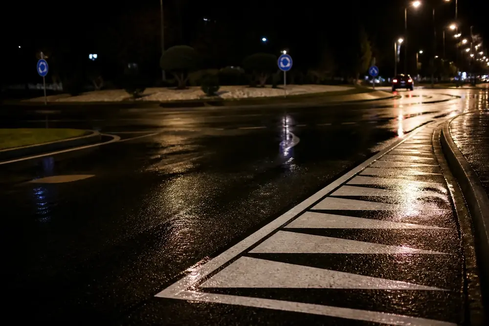 Glorieta de noche con la calzada mojada y las marcas viales reflejando