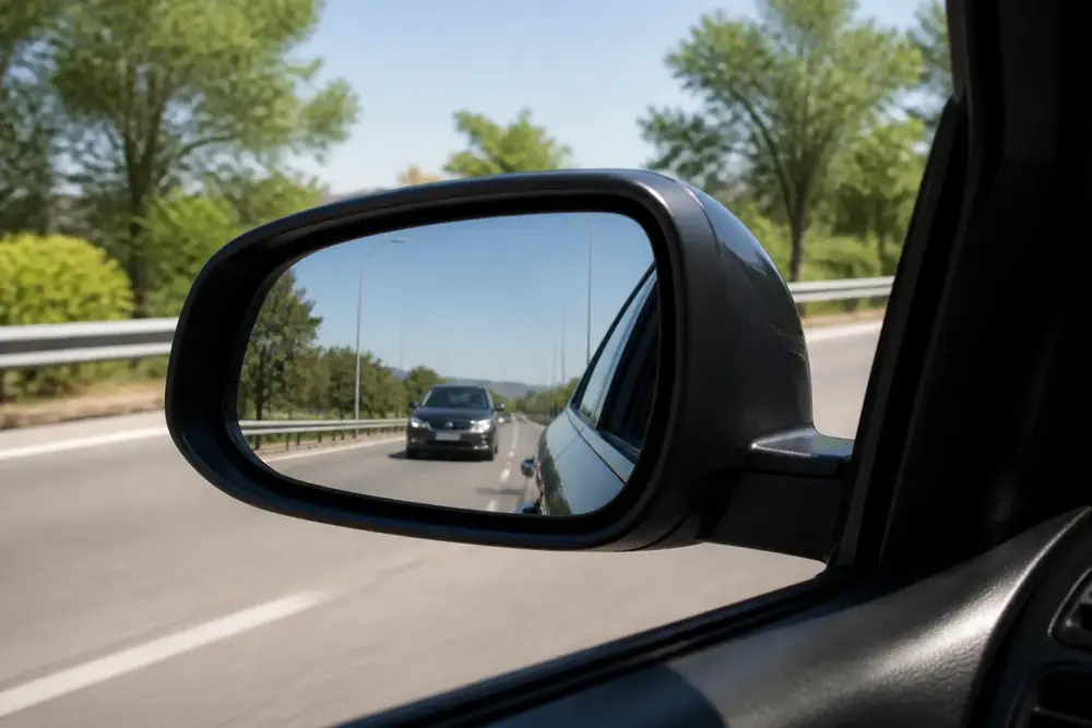 Vehículo que se aproxima reflejado en el retrovisor exterior