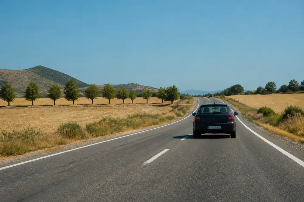 Carretera convencional entre campos con un vehículo por delante
