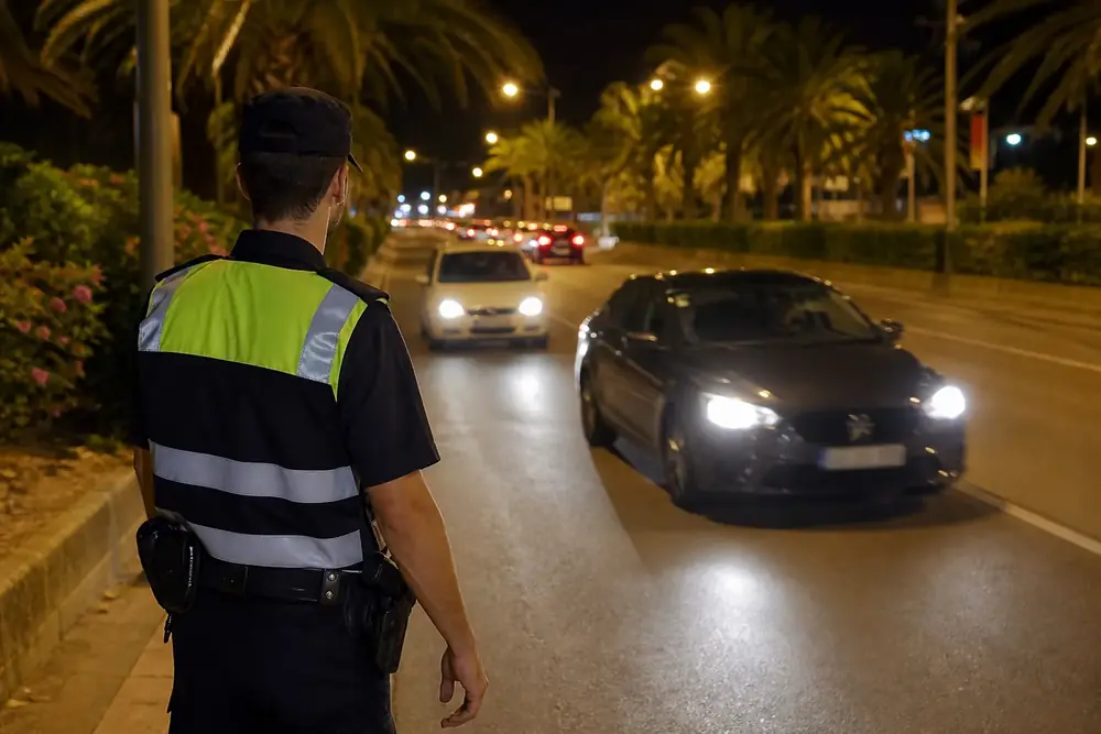 Agente regulando el tráfico de noche en una avenida