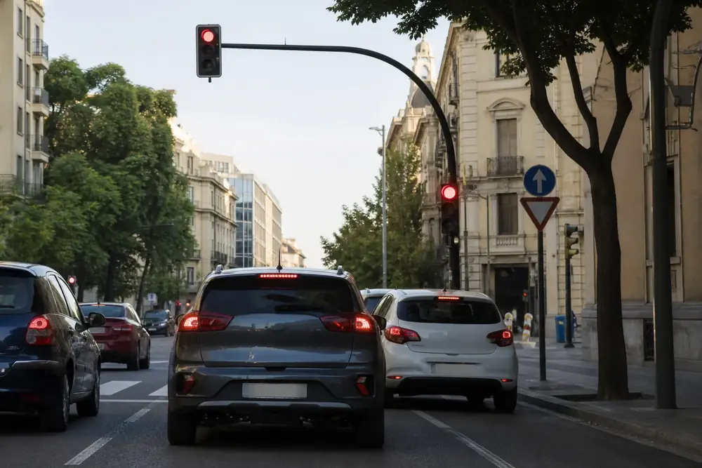 Avenida con el semáforo en rojo y vehículos detenidos