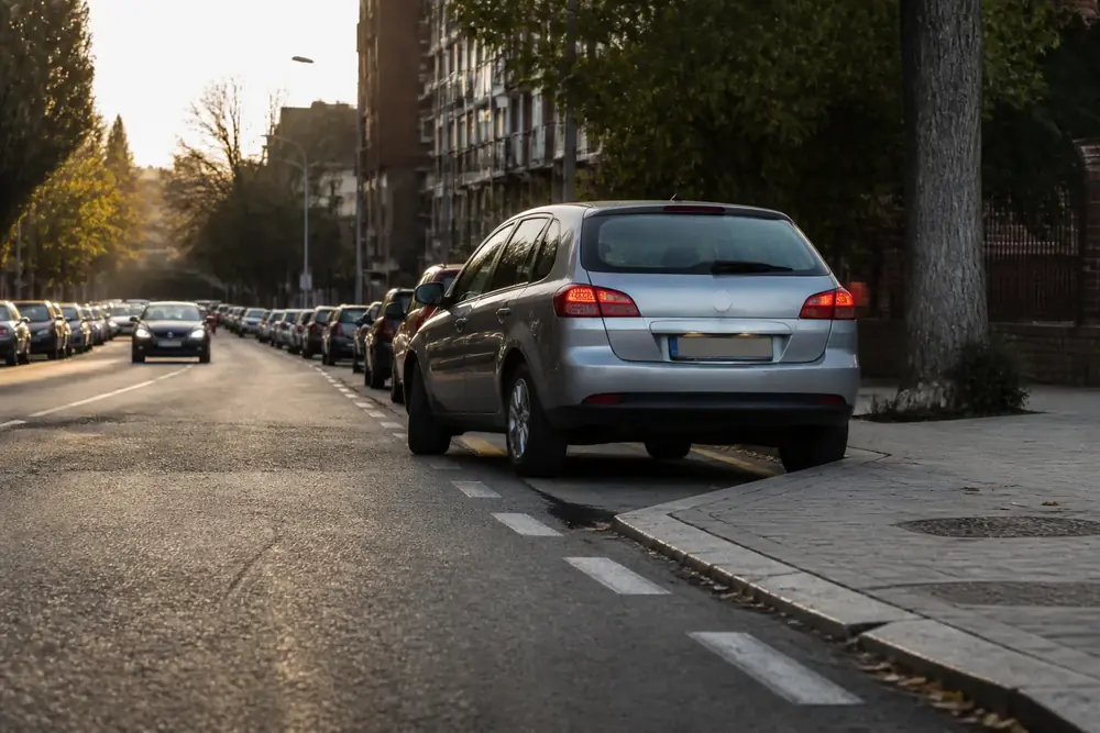 Vehículo estacionado sobre el bordillo en una calle con hilera de coches
