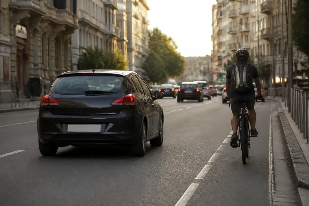 Turismo y ciclista compartiendo una calzada urbana