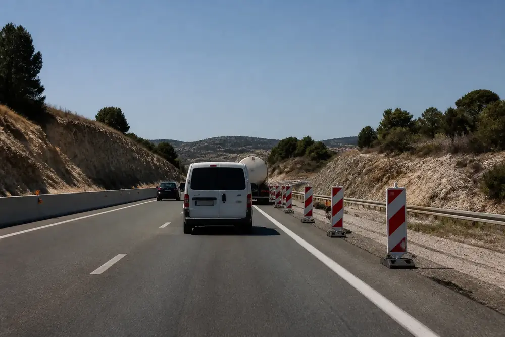Obras con balizas y una furgoneta circulando por la autovía