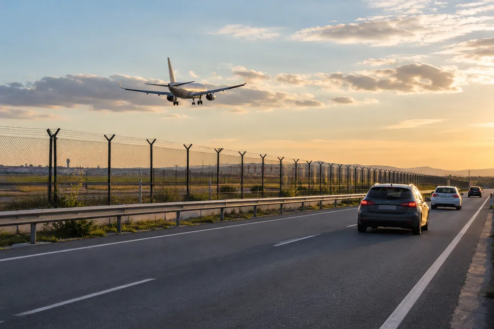 Carretera junto a un aeropuerto con un avión en aproximación.