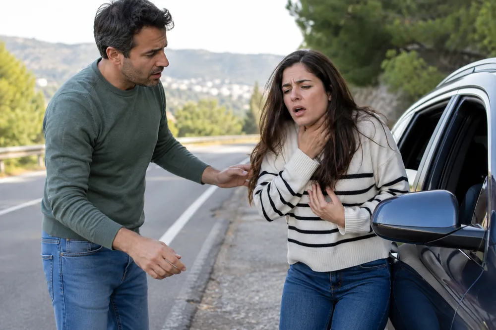 Pasajero consciente con dificultad para respirar junto a un coche detenido.