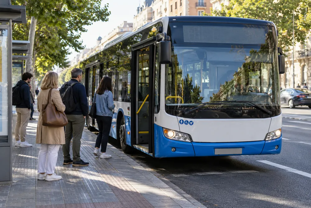 Autobús urbano detenido en una parada con viajeros esperando.