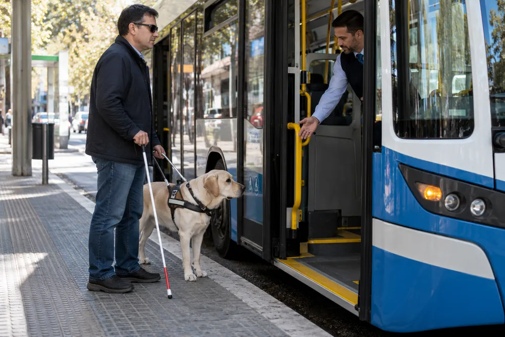 Persona con perro guía junto a la puerta de un autobús.