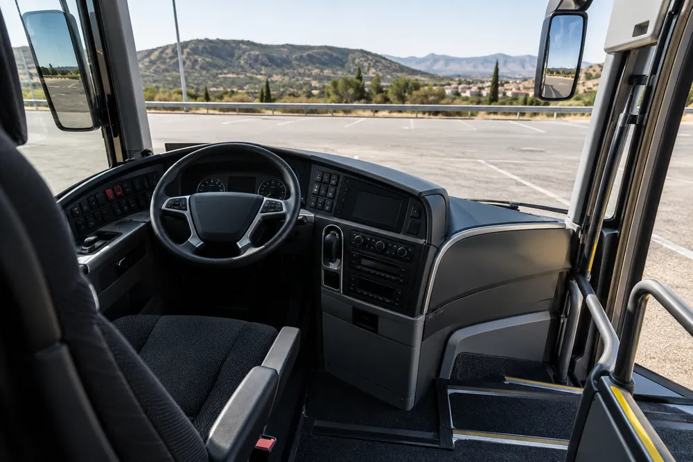 Puesto de conducción de un autocar.