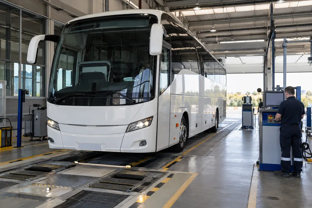 Autocar en una estación de inspección técnica.