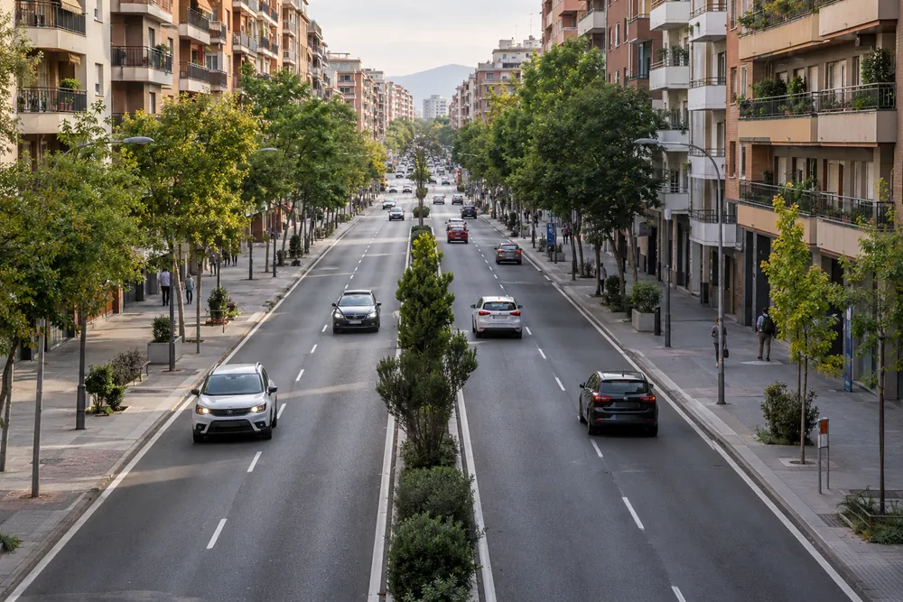 Avenida urbana con dos carriles por sentido.