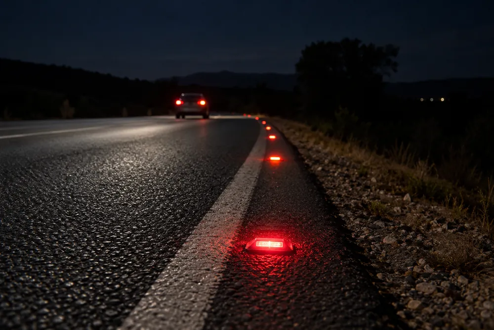 Reflectantes rojos empotrados en el borde de la calzada de noche.
