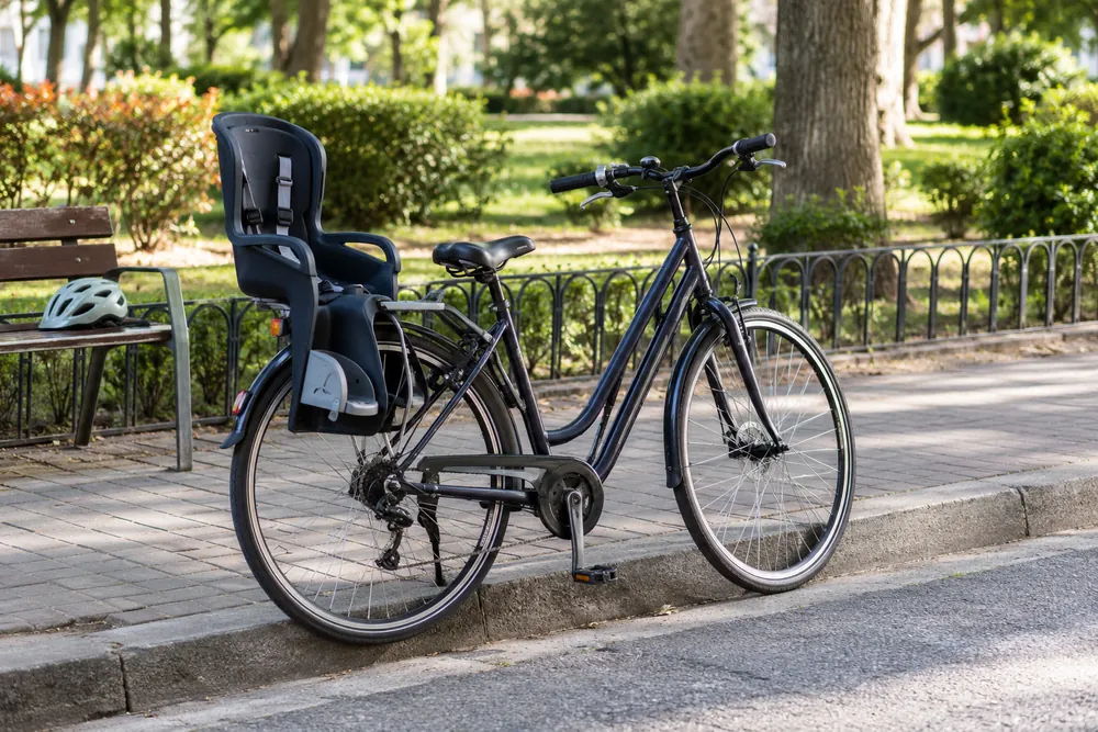 Bicicleta con una silla infantil trasera.