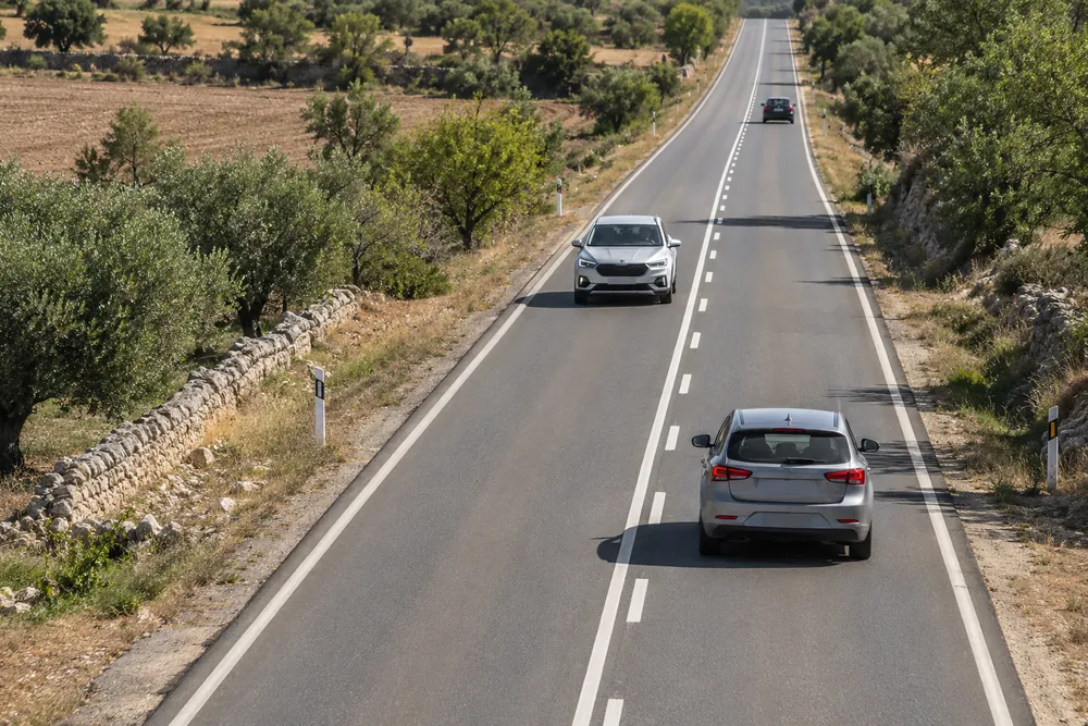 Carretera con una línea central continua junto a otra discontinua.