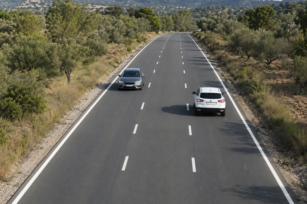 Carretera de doble sentido con tres carriles en total.