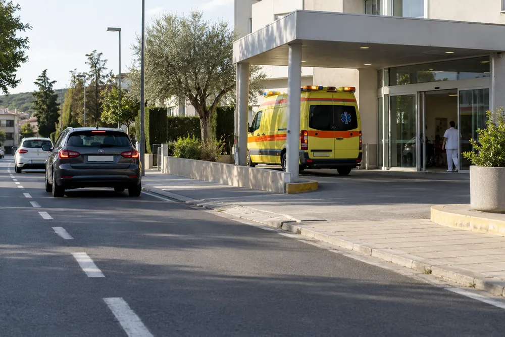 Entrada de un centro sanitario con zona de acceso de vehículos.