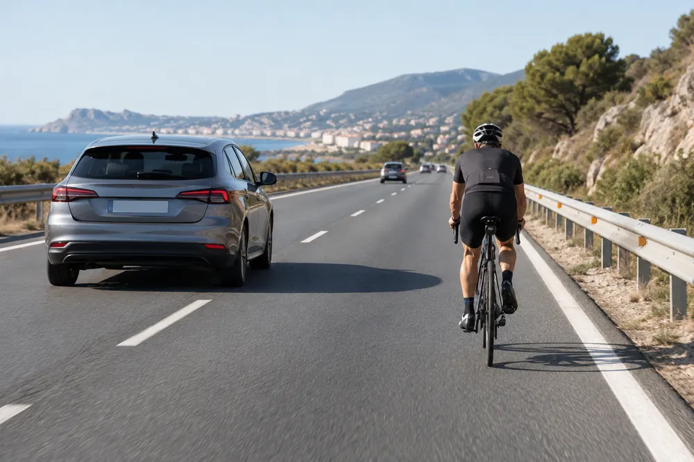 Ciclista en una calzada con dos carriles en el mismo sentido.