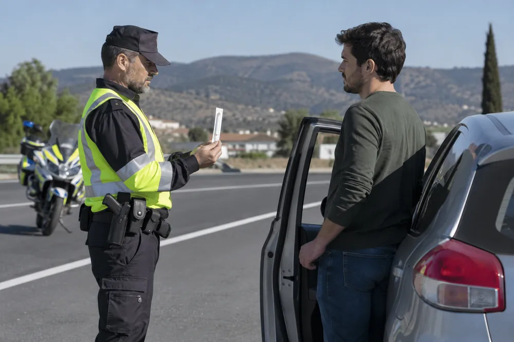 Agente y conductor junto a un coche en un control de drogas.