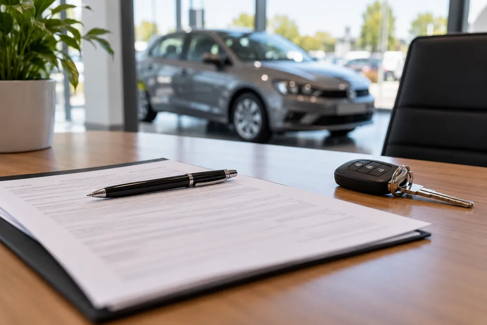 Documentación de compraventa y llaves de coche sobre una mesa.