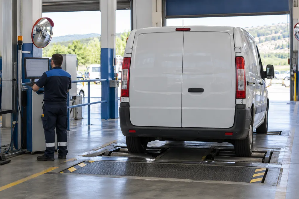 Furgoneta en una línea de inspección técnica.