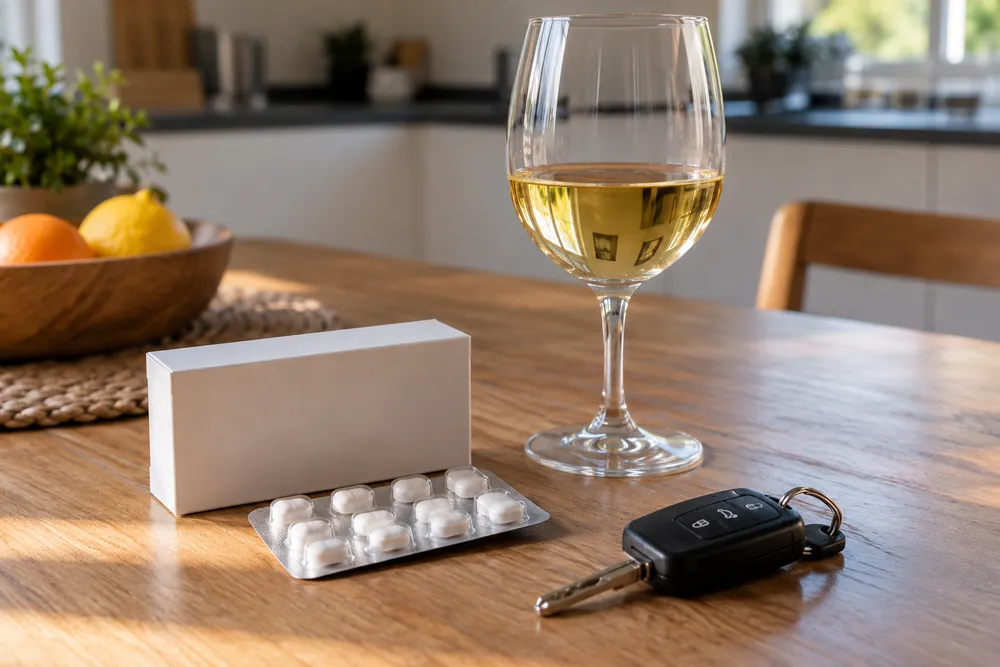 Envases de medicamentos sin texto junto a una copa y llaves de coche.