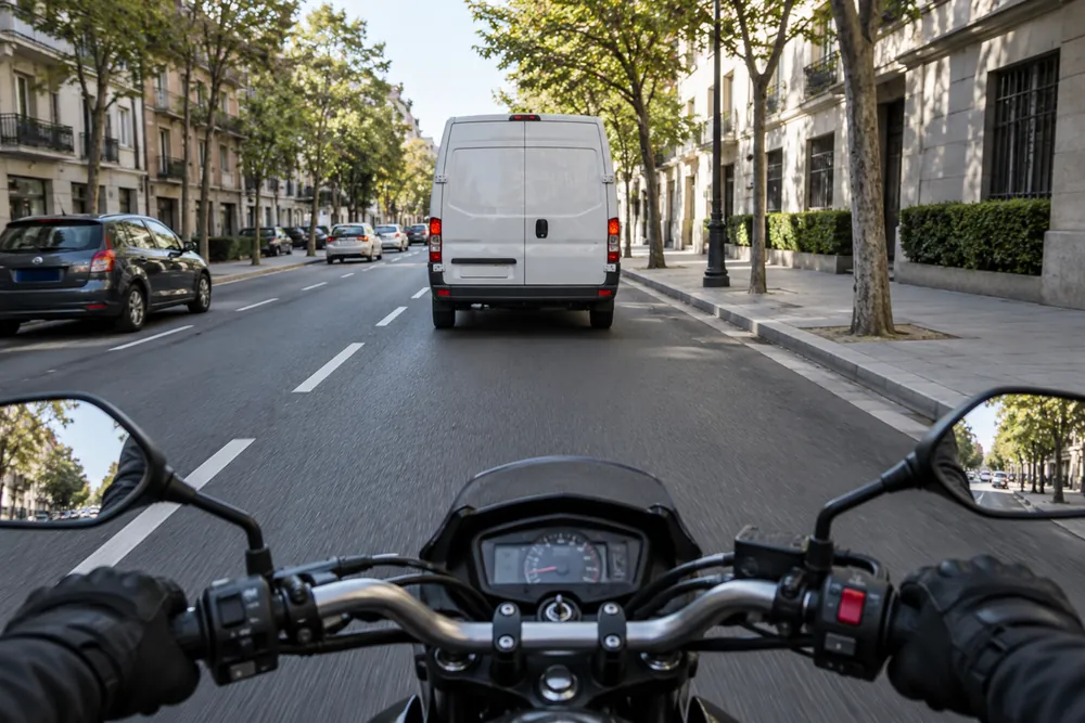 Motocicleta circulando detrás de una furgoneta.