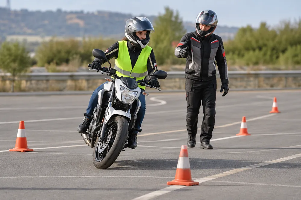 Motocicleta en una pista de formación con conos.