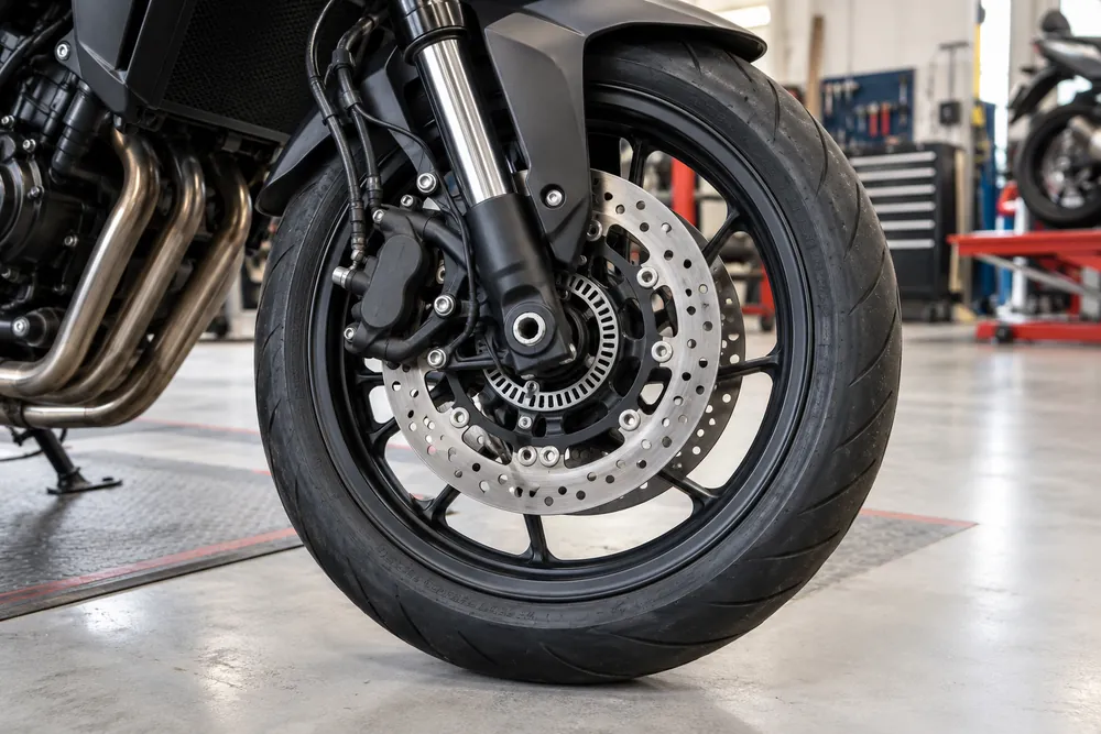 Primer plano de la rueda y el freno de disco de una motocicleta.