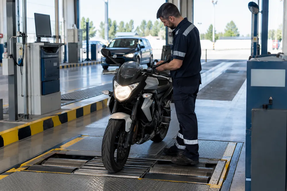 Motocicleta en una línea de inspección técnica.