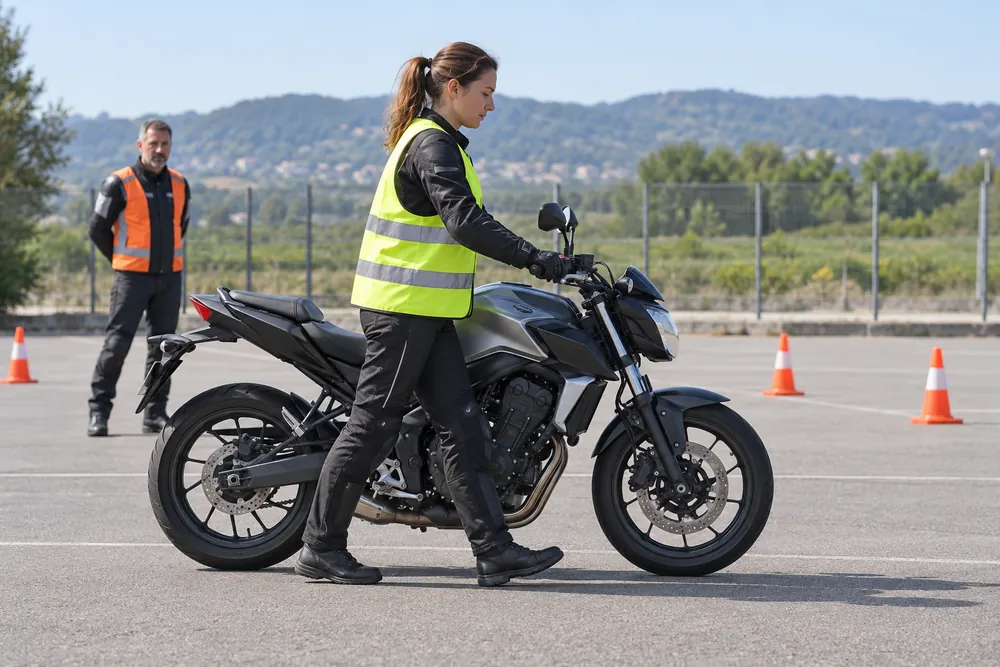 Aspirante que desplaza una motocicleta caminando a su lado en una pista de pr?cticas.