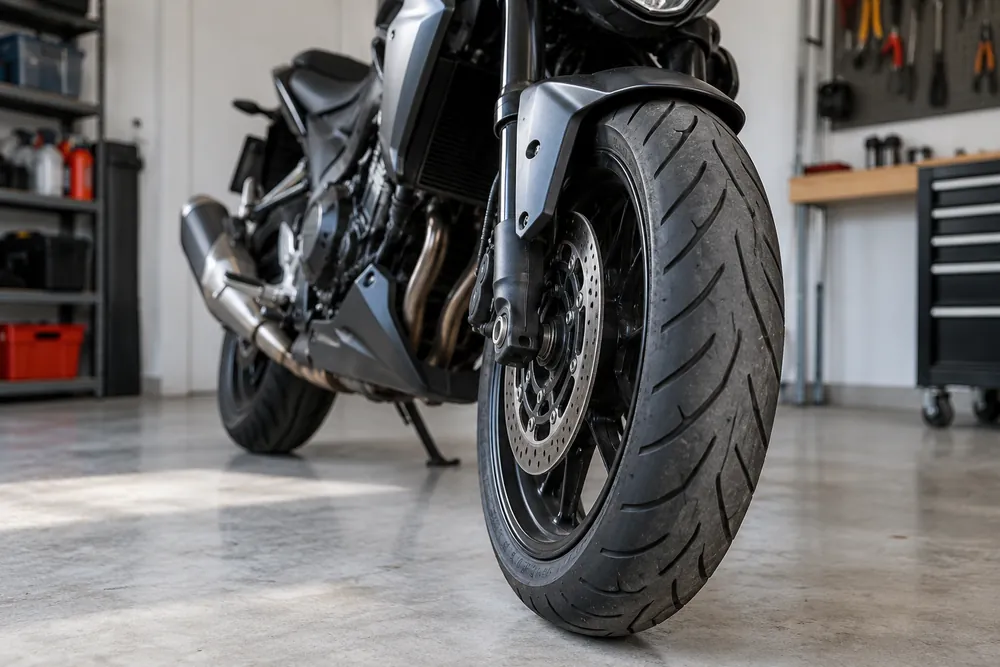 Neumático de motocicleta en un taller.