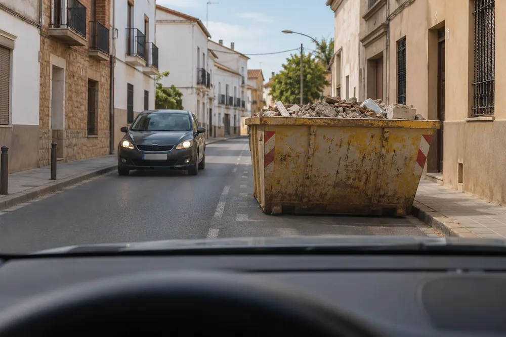 Contenedor que ocupa parte de un carril en una calle estrecha.