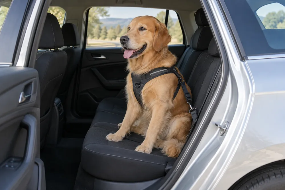 Perro grande en el asiento trasero con arnés para el automóvil.