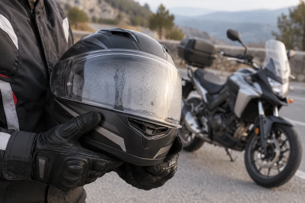 Visera de casco empañada con gotas de condensación.