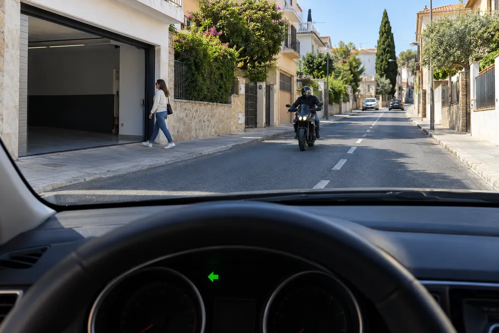 Turismo detenido con el intermitente izquierdo para entrar en un garaje mientras se acerca una moto de frente.