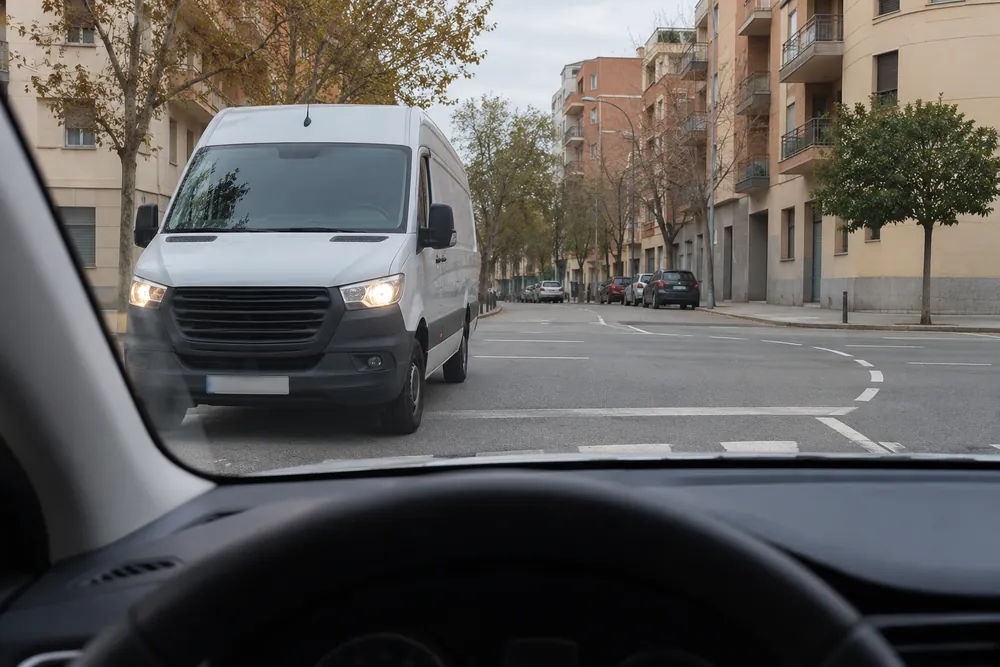Turismo esperando para girar a la izquierda con la visión tapada por una furgoneta parada enfrente.