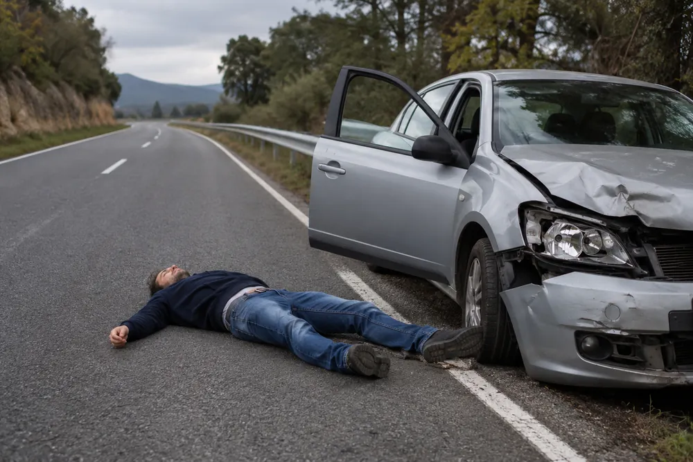 Persona herida tendida boca arriba en el asfalto junto a un turismo accidentado.
