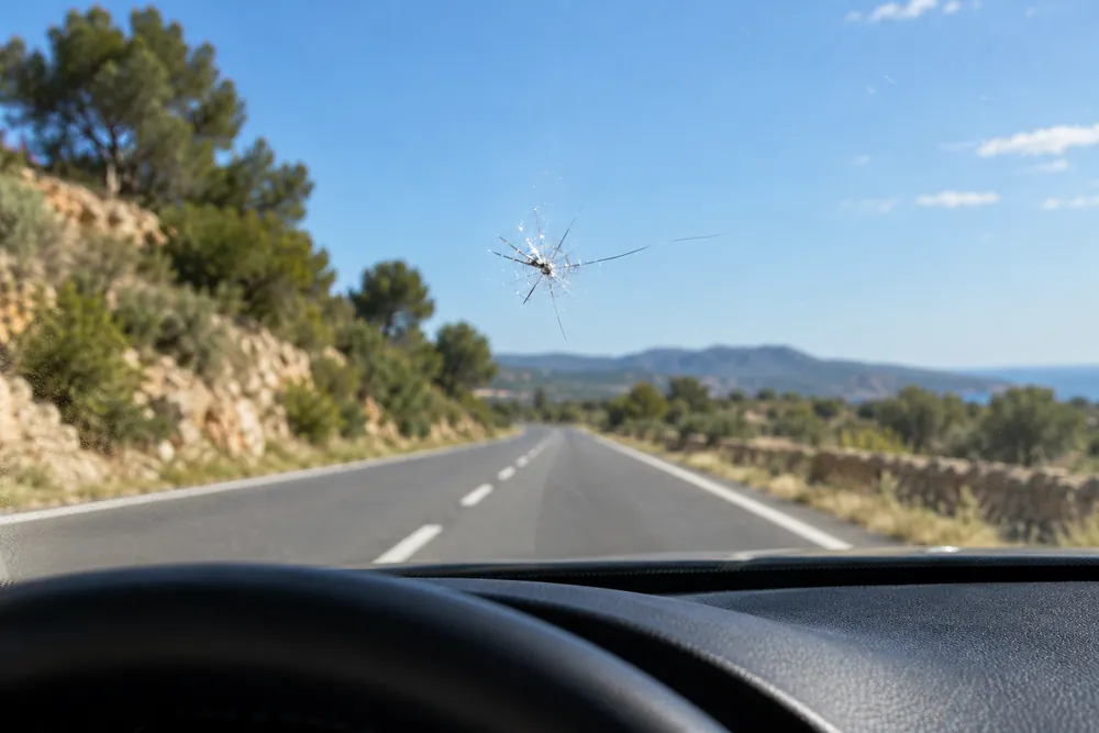 Impacto de piedra en el parabrisas, justo delante de la vista del conductor.