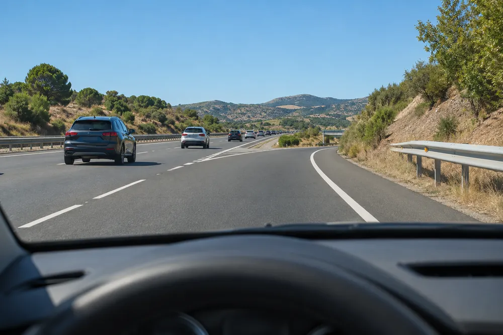 Turismo al final de una vía de servicio a punto de incorporarse a la carretera principal.