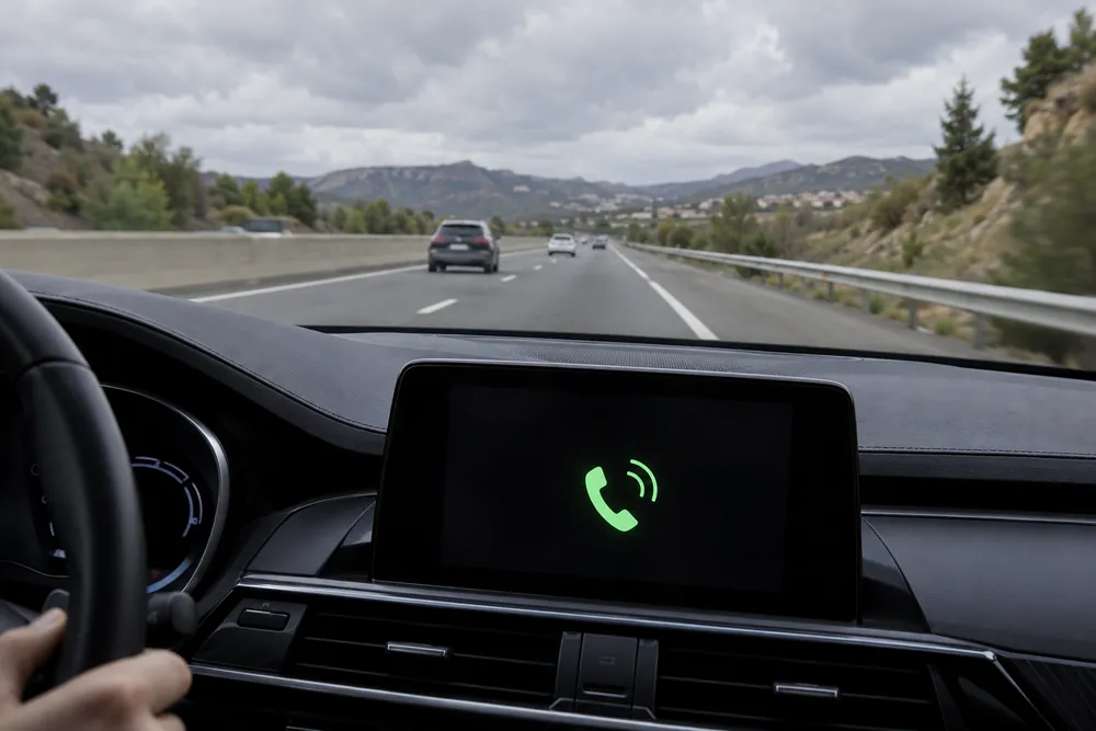 Pantalla del salpicadero con una llamada entrante mientras se circula por autovía.