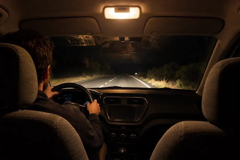 Habitáculo de un turismo con la luz interior encendida mientras circula de noche.