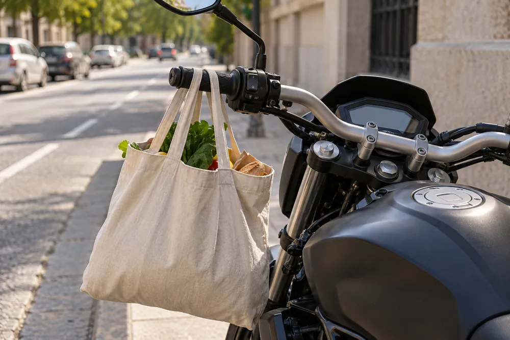 Bolsa cargada colgando del manillar de una motocicleta estacionada.