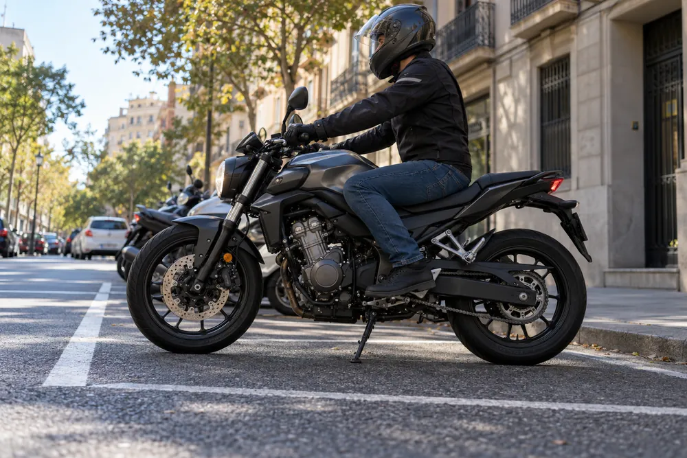 Motorista subido en su moto con el caballete lateral todavía desplegado.