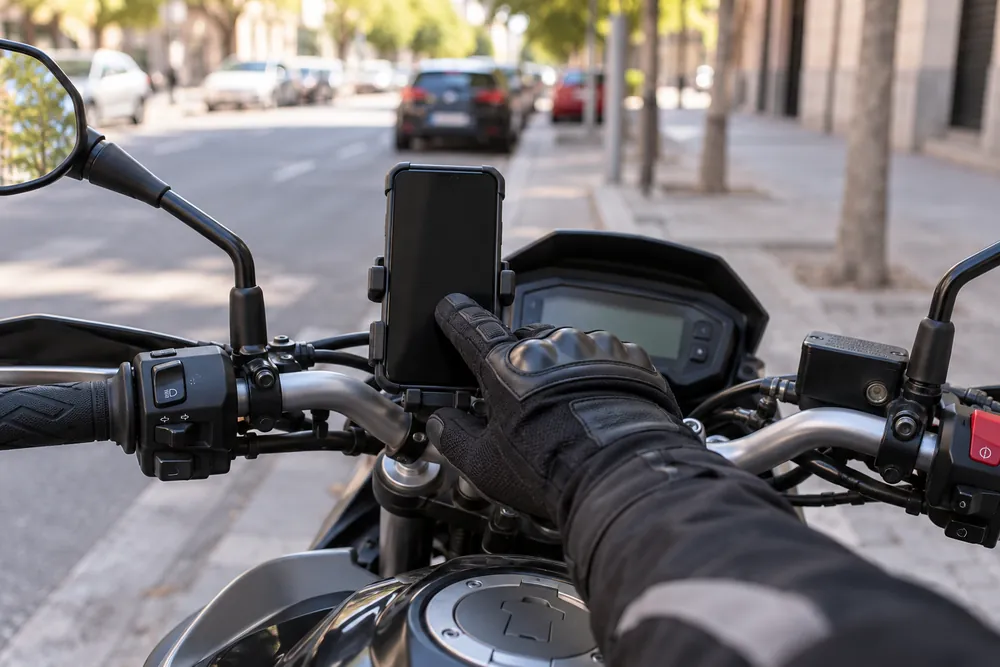 Pantalla de teléfono en soporte junto al manillar de una moto.