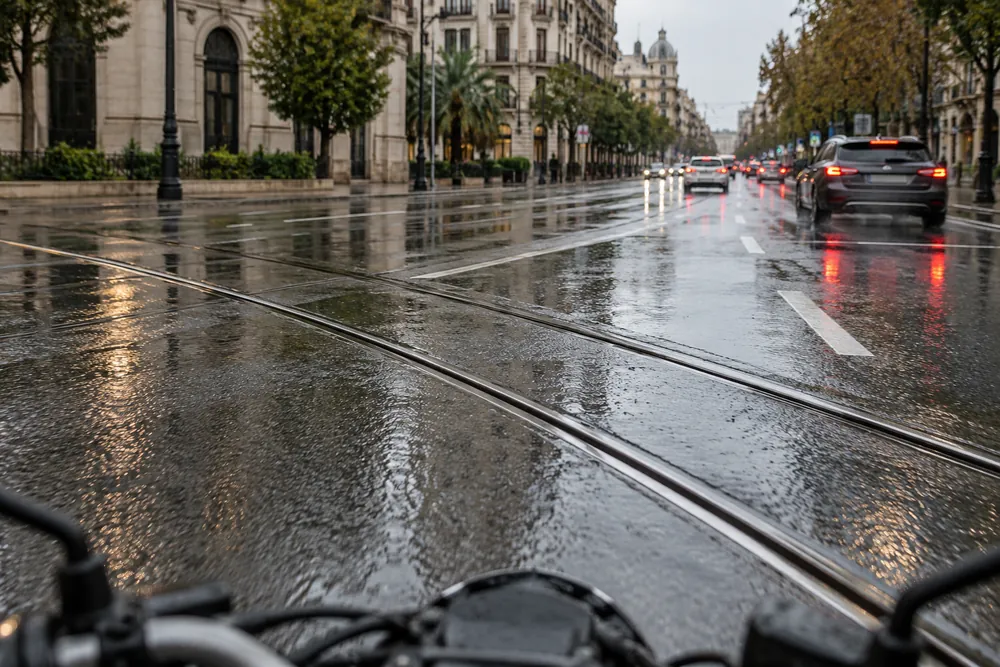 Raíles de tranvía mojados que cruzan la calzada, vistos por un motorista que se acerca.