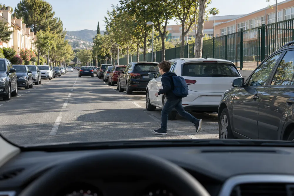 Niño que sale corriendo a la calzada entre dos coches aparcados cerca de un colegio.