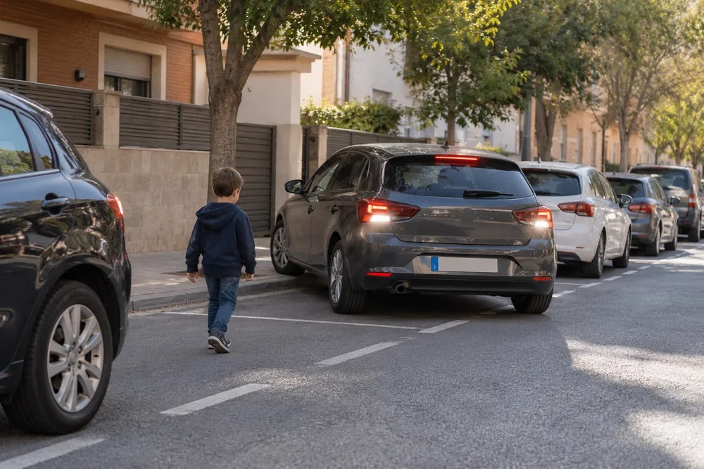 Un niño aparece detrás de un coche que maniobra para aparcar.